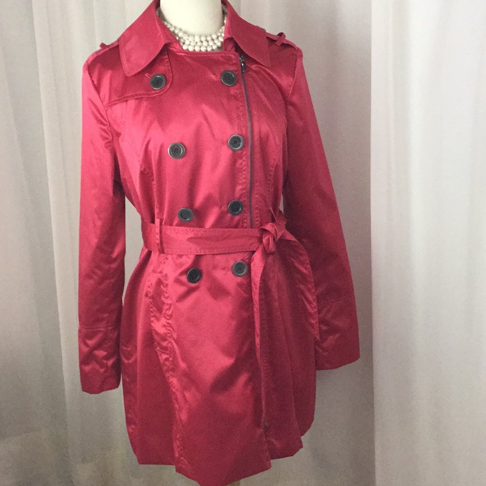 Guess Red Satin Zip Belted Cherry Red Trench L New